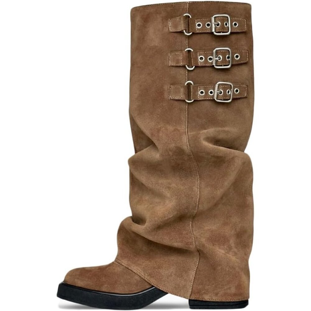 Women's Taupe Fall Slouchy Fold Over Tall Boots Motorcycle Zipper Fashion Buckle